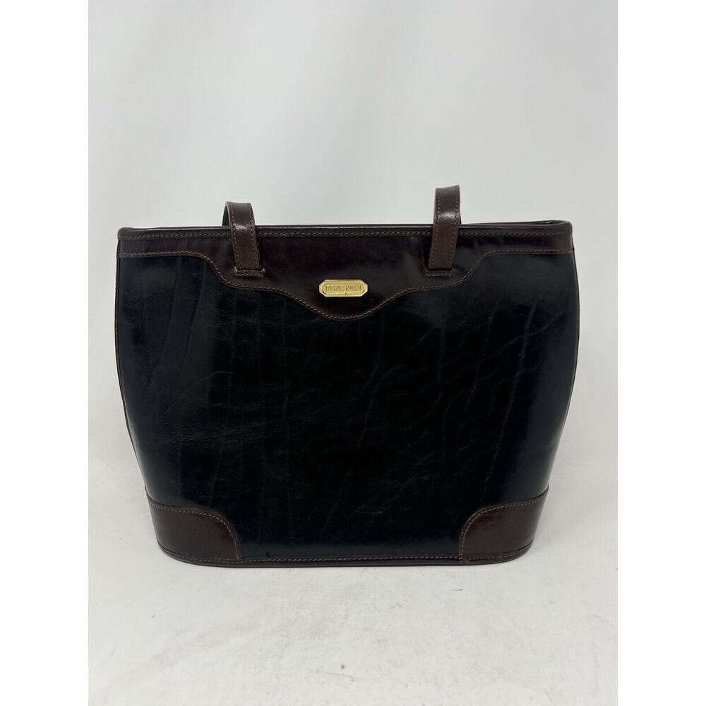 Vtg Brahmin Handbag Black‎ & Brown Smooth Leather W/ Top Double Handles & Zipper
